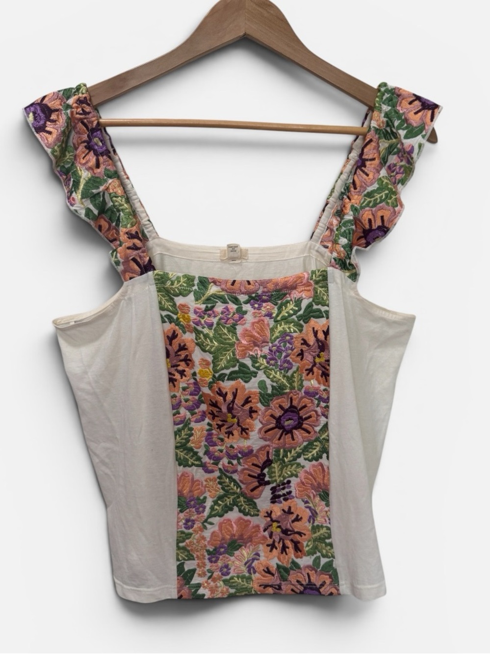 Anthropologie TINY Marin Floral Embroidered Ruffle Strap Tank Top Cream Sz. L - Picture 2 of 4